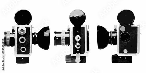 Three vintage super 8mm film cameras displayed in a black and white style