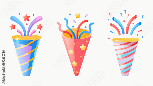 Colorful party poppers with vibrant bursts of confetti and streamers