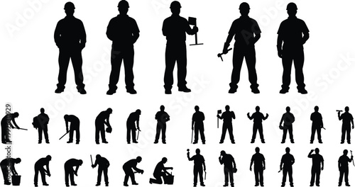 Construction worker silhouettes set showing builders using tools, performing repair tasks, and industrial labor activities for engineering and maintenance design concepts