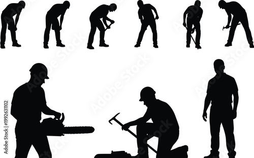 Construction worker silhouettes set featuring labor activities, industrial tools, and manual work poses for building, repair, and engineering concept designs