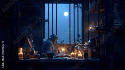 Saint Valentine imprisoned but still writing love letters by candlelight, with bars visible and a small window showing the moon, atmospheric lighting, 8k