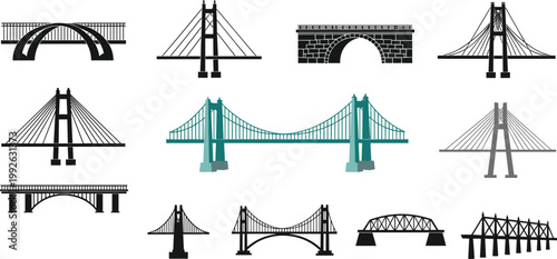 Bridge icon set featuring suspension, arch and truss bridge designs in silhouette and flat styles isolated on light background