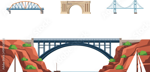 Bridge illustration set featuring arch, suspension and canyon bridge landscape designs in flat style isolated on light background