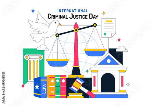 International Criminal Justice Day Illustration Law And Justice Concept With Court Building Scales Of Justice Gavel And Legal System Symbol Design