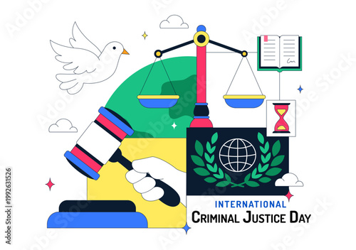 International Criminal Justice Day Illustration Law And Justice Concept With Court Building Scales Of Justice Gavel And Legal System Symbol Design