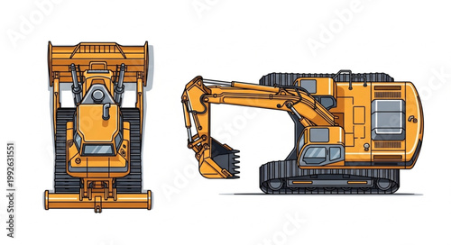 Top Down View of Yellow Excavator and Bulldozer Construction Machines.