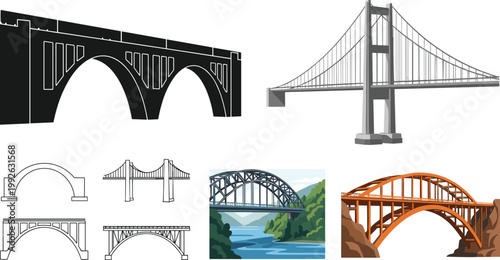 Bridge illustration collection featuring arch and suspension bridge designs in silhouette, outline and colorful styles isolated on light background