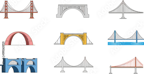 Bridge illustration set featuring suspension, arch and decorative bridge designs in colorful flat style isolated on light background
