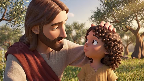 Animated Character Comforting Child in Nature - A heartwarming animated scene depicts a bearded character gently comforting a smiling child with curly hair in a lush outdoor setting filled with trees