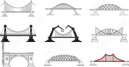 Line art bridge collection featuring suspension, arch and truss bridge designs in minimal outline style isolated on light background