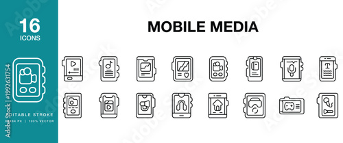 Mobile Media icon set. Includes mobile, media, smartphone, content, digital, multimedia and More. Editable Stroke Icon Collection.