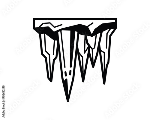 Black outline illustration of jagged hanging formations, resembling stalactites or icicles in a cave.