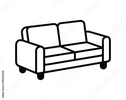 Black outline vector graphic of a two-seater sofa with cushions and armrests.