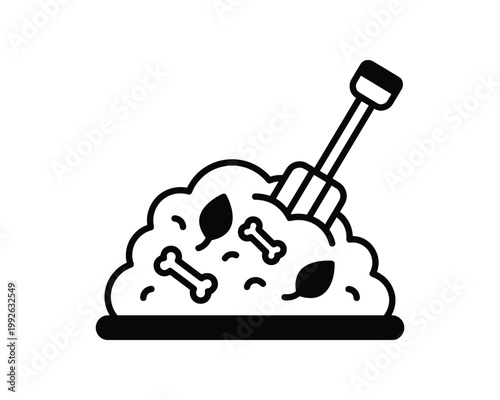 Black outline vector illustration of a compost pile with bones, leaves, and a pitchfork.