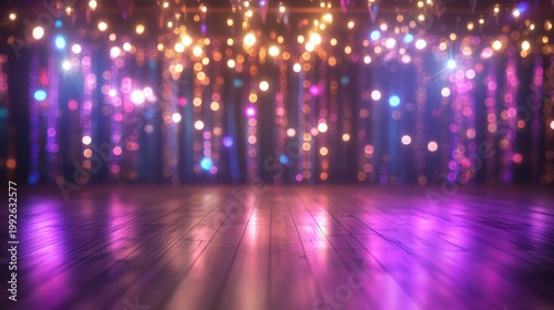 A dimly lit wooden floor reflects vibrant bokeh lights and shimmering strands, creating a festive party atmosphere