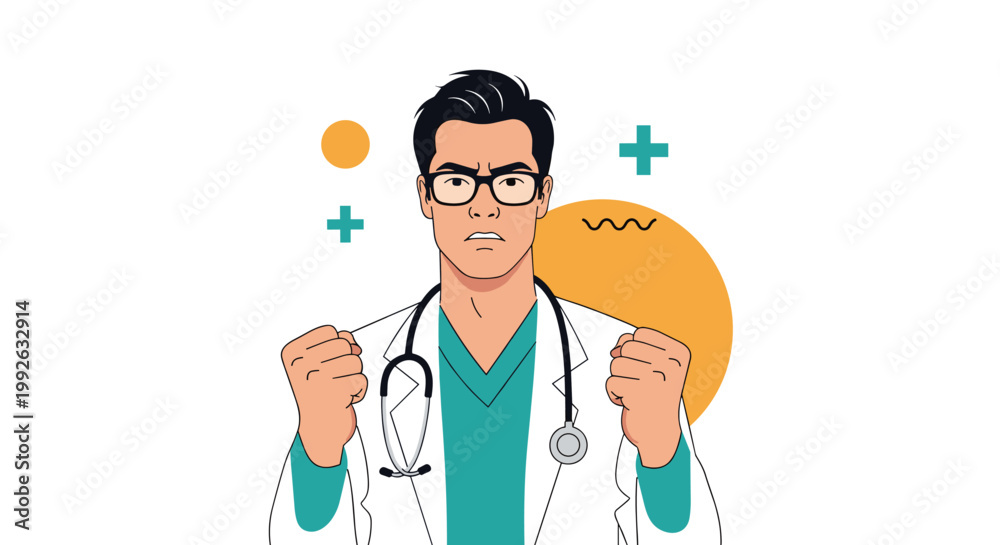Fototapeta premium Angry male doctor in a white medical coat clenches his fists and shows a frustrated expression against a simple background.