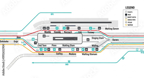 Detailed train station map with platforms and tracks.