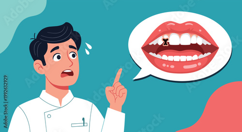 Concerned dentist points toward a thought bubble showing a tooth with a large cavity to explain dental hygiene and problems.