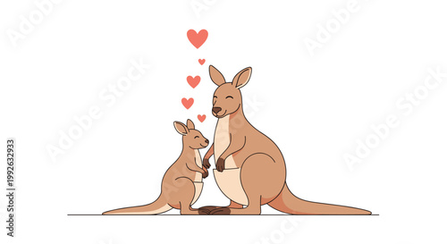 Heartwarming illustration shows a kangaroo mother and her joey standing together with small red hearts floating in the air.