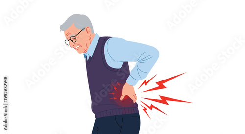 Elderly man leans forward while holding his lower back in pain with red lightning symbols indicating a sharp ache or injury.