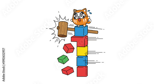 Shiba Inu dog character wearing a daruma outfit tries to maintain balance on a tall stack of falling colorful blocks.