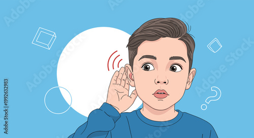 Young boy listens intently with his hand cupped around his ear surrounded by abstract geometric shapes and a question mark.