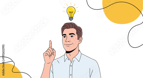 Young man in a light blue shirt having a bright idea illustrated by a glowing lightbulb above his head, gesturing with one finger up.