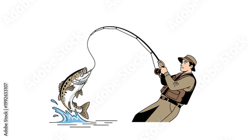 Illustration of a man fishing with a large fish jumping out of the water, wearing brown clothing and holding a fishing rod, on a white background.