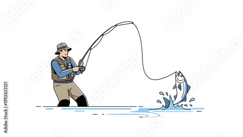 A man wearing waders and a cap pulling a large fish out of the water with a fishing rod in a dynamic, action-packed scene.