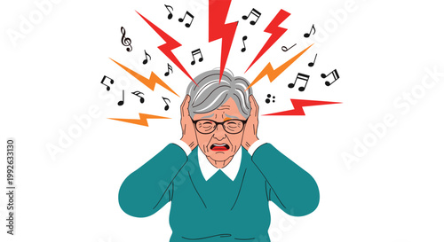 Stressed elderly woman with gray hair covering her ears with both hands to block out loud music or noise represented by red lightning bolts.