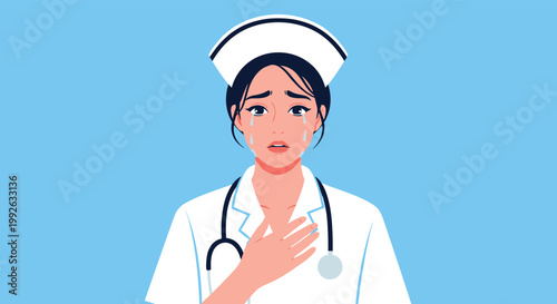 Sad female nurse in a white uniform and cap crying with tears streaming down her face, representing burnout or emotional stress in medicine.