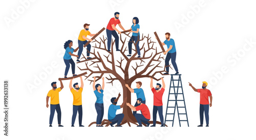 People working together to build a tree.