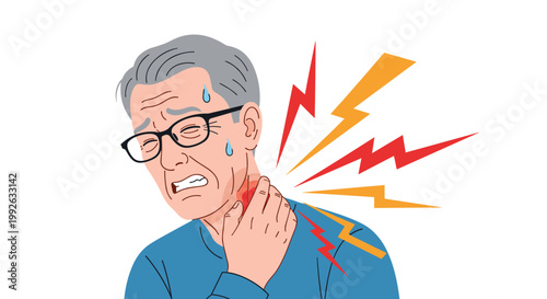 Elderly man in glasses wearing a blue shirt and expressing severe neck pain while holding his throat, accompanied by red lightning graphics.