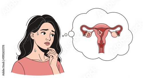 Concerned young woman looking worried while thinking about a diagram of a human uterus showing tumors or cysts.