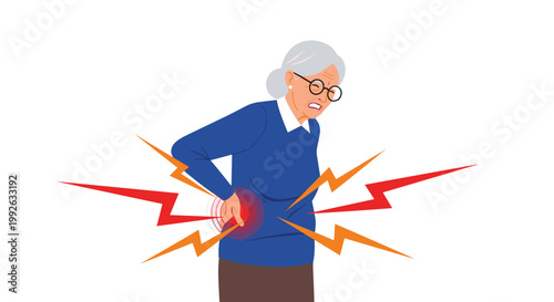 Elderly woman in a blue sweater suffering from intense lower back pain with red glow and jagged lightning symbols.