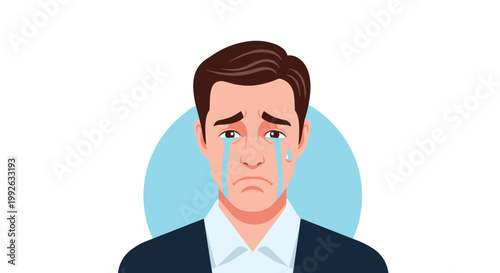 Sad businessman in a professional suit crying with tears flowing down his cheeks against a light blue circular background.