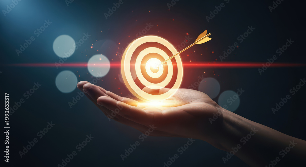 Fototapeta premium Hand Holding Target with Dart Hitting Bulls Eye Glowing Light Concept of Goal Setting Successful Strategy Reaching Achievement Opportunity Competition