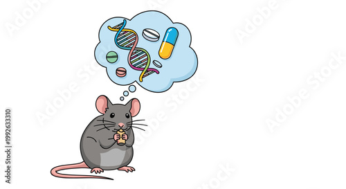 Laboratory mouse character thinking about medical research with dna helix and medicine capsules in a thought bubble.