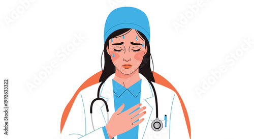 Female healthcare professional in medical uniform and scrub cap looking worried and stressed with sweat drops on her forehead.