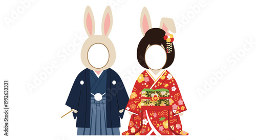Bunny character face-in-hole photo prop board featuring traditional Japanese wedding or festival attire for couples to use.