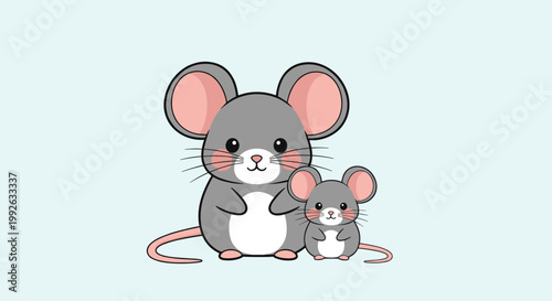 Cute cartoon mouse parent and baby sitting together on a light blue background representing family and nurturing relationship.