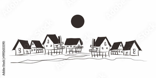 Minimalist Black and White Silhouettes of a Stilt House Village and Sun