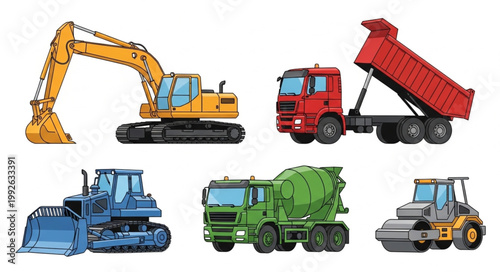 Collection of construction vehicles and heavy machinery.