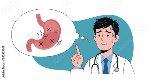Worried male doctor with sweat drops thinking about an inflamed and painful human stomach in a thought bubble.