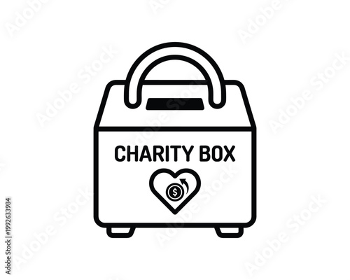 Charity box vector outline illustration showing a donation slot, handle, and giving symbol.