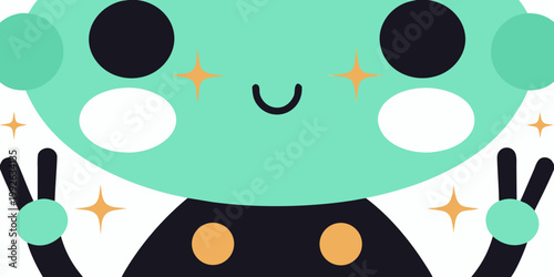 Cute teal alien character giving a peace sign with sparkling stars