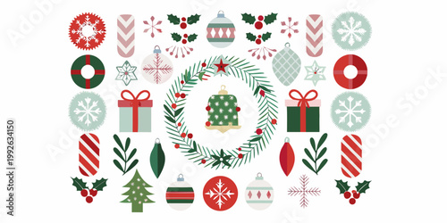 Festive collection of christmas ornaments wreaths and decorative elements