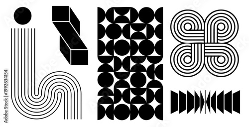 Hand-drawn abstract minimal element mid-century vector set, aesthetic contemporary monochrome stripe line art and geometric shapes, black and white modern