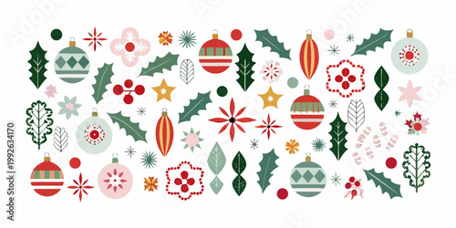 Festive christmas ornaments and botanical elements in a flat lay style