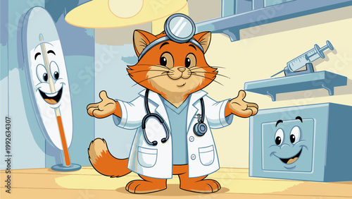 Cartoon orange cat wearing a white lab coat and stethoscope standing in a medical office with smiling medical equipment.